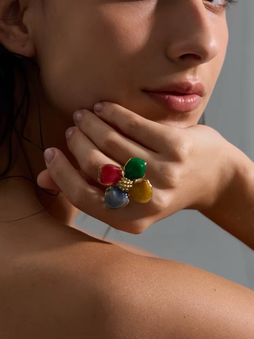 Multi-Color Cluster Stone Statement Ring - Gold